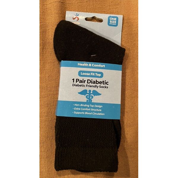 Health & Comfort Diabetic Socks, Loose Fit Top, Black One Size, New