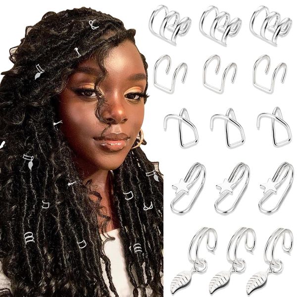 NAISKA 15PCS Hair Jewelry for Braids Star Dreadlock Accessories Metal Braid Charms Clips Non-Piercing Ear Cuffs Locs Jewelry for Women Men Hair Accessories(Silver)