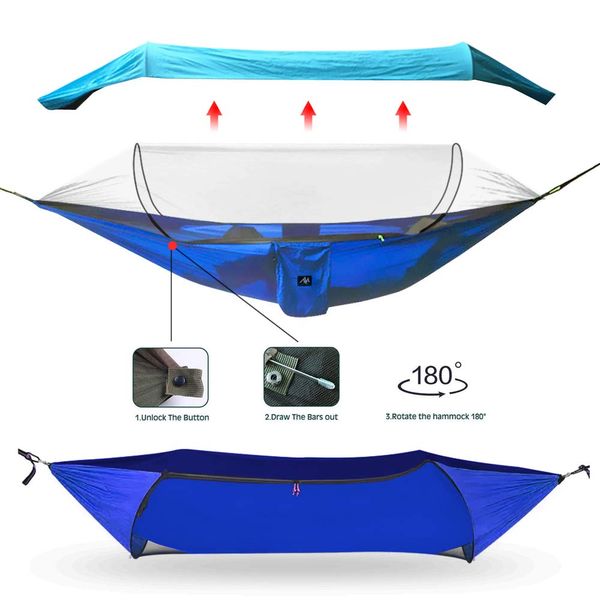 [2 in 1] Camping Hammock with Mosquito Net & Sunshade Cloth & Tree Straps for 2/Double Person, AYAMAYA Portable Parachute Nylon Lightweight Big Pop Up Swing Hammock with Bug/Insect Netting (Blue)