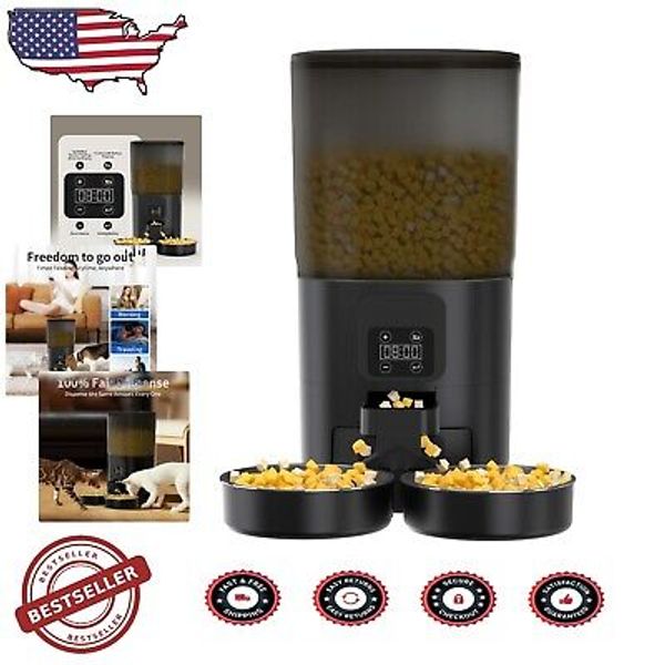 Dual Power Automatic Pet Food Dispenser with Stainless Steel Bowls for Cats