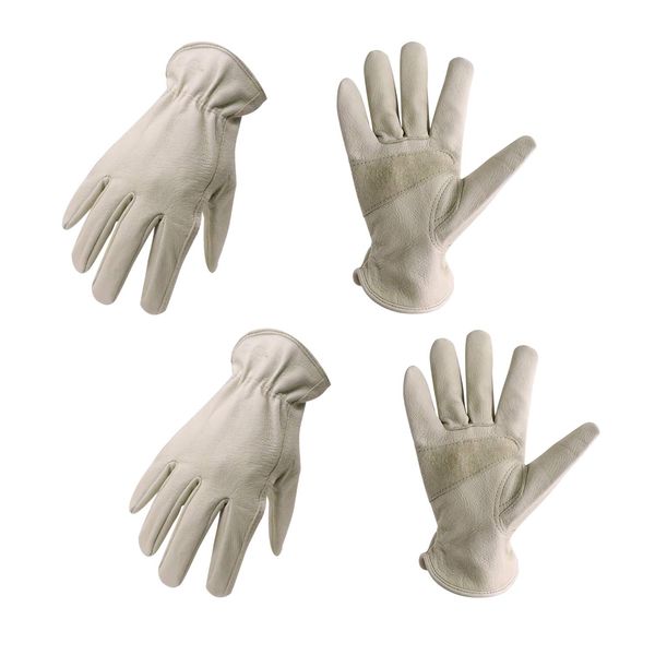 HLDD HANDLANDY 2 Pairs Pigskin Leather Work Gloves with Reinforced Palm for Men & Women, Stretchable Wrist Rigger Glove for Driver, Construction, Yardwork, Gardening (S, Beige)