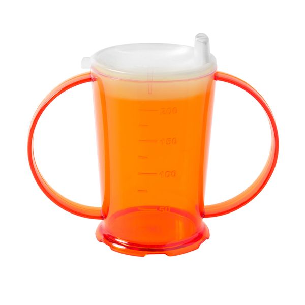 Harfield Translucent Orange 2-Handled Beaker & Narrow Spout Drinking Aid Sippy Cup Reusable Virtually Unbreakable Copolyester Plastic