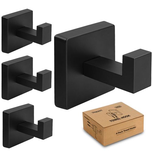 4 Pack Matte Black Towel Hooks - Heavy Duty Stainless Steel Wall Hooks for Bathroom, Kitchen, Bedroom & Closet - Modern Square Design Robe & Towel Holder for Coats, Bags, Hats & More