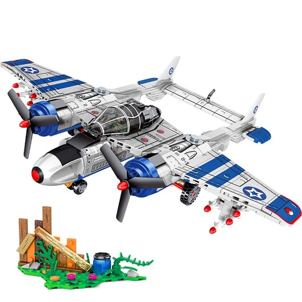 Airplane Building Blocks Set P-38 WWII Military Airplane Toy Sliding Linked Rotating Propeller and with Cannonball Launcher and Open Cockpit Door, Gift for Kids Boys Ages 6-12 and Older 479 pcs