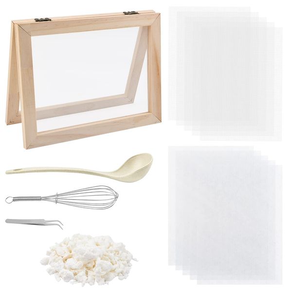 WANDIC Paper Making Kit,Handmade Wood Paper Making Mold with Spoon & Mesh Cloth and Replace Dehydrated Pulp,Frame Paper Making Screen Kit for DIY Paper Art Crafts (A5)