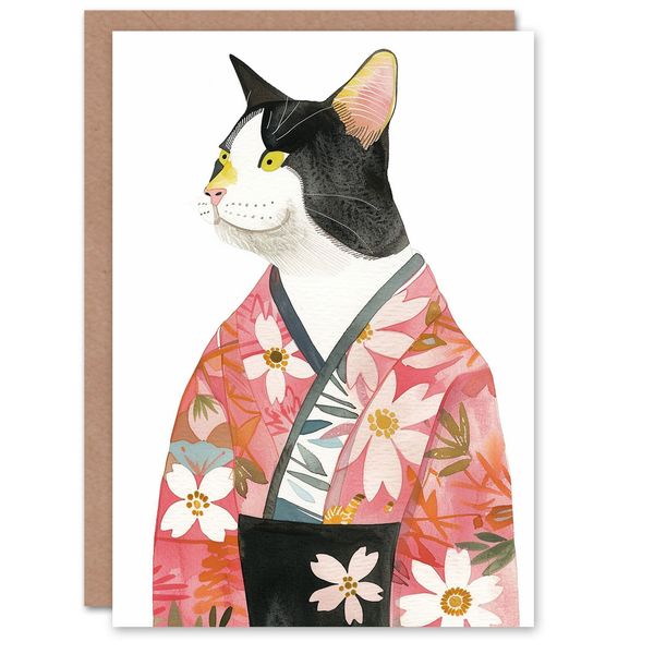 Tuxedo Cat Lover Pet Pink Floral Japanese Kimono Birthday Card