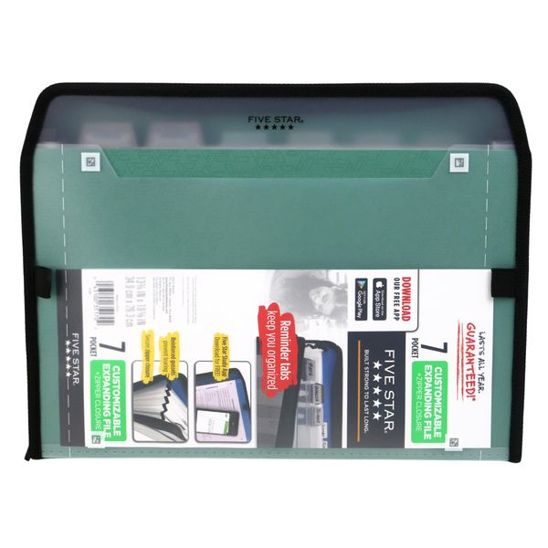 Five Star 7 Pocket Expanding File Organizer, Plastic Expandable File Folders with Customizable Tabs & Clear Cover, Holds 11" x 8-1/2", Zipper Closure, Seaglass Green (72707)