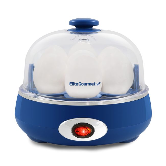 Elite Gourmet EGC007CBL# Rapid Egg Cooker, 7 Easy-To-Peel, Hard, Medium, Soft Boiled Eggs, Poacher, Omelet Maker, Auto Shut-Off, Alarm, 16-Recipe Booklet, BPA-Free, Cobalt