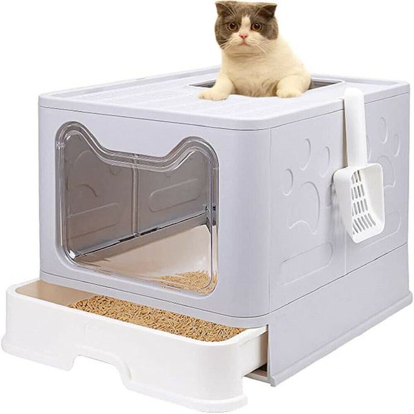 Large Pet Cat Litter Box Hooded Fully Enclosed Drawer Tray with Cat Litter Scoop