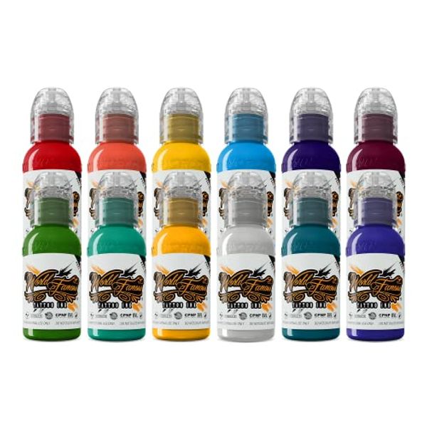 World Famous Tattoo Ink - 12 Primary Color Tattoo Kit #3 - Professional Tattoo Ink in Color Assortment, Includes White Tattoo Ink - Skin-Safe Permanent Tattooing - Vegan & Non-Toxic (1 oz Each)