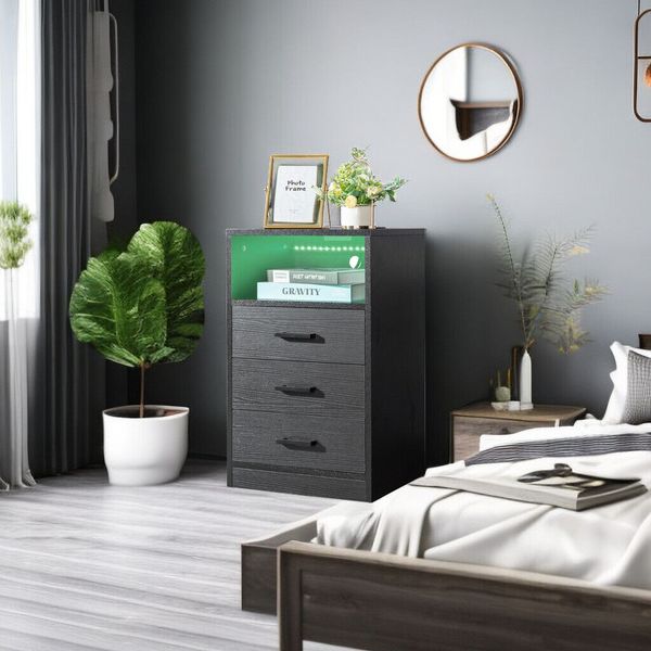 Modern Black Nightstand w/ LED, Power Outlet & 3 Drawers, Premium Bedside Table