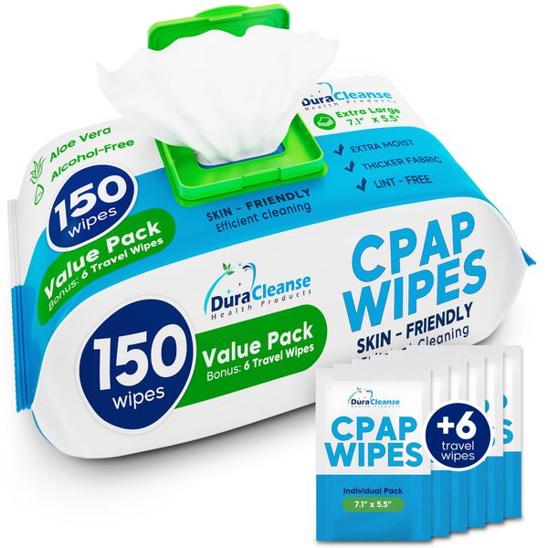 CPAP Mask Wipes - 150 Count Jumbo Pack + 6 Travel Wipes - DuraCleanse Extra Large, Extra Moist Cleaning Wipes for Full Face, Nasal Masks - Unscented Cleaner for CPAP Machine, Supplies and Accessories