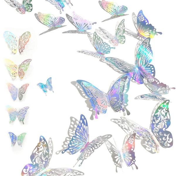 LIKENNY 3D Butterfly Wall Stickers, Room Decoration, Sticker Decoration, Wall Decor, Entryway, Bedroom, Easy to Install, Opening Celebration, Birthday Decoration, Butterfly, Pack of 60 (Silver)