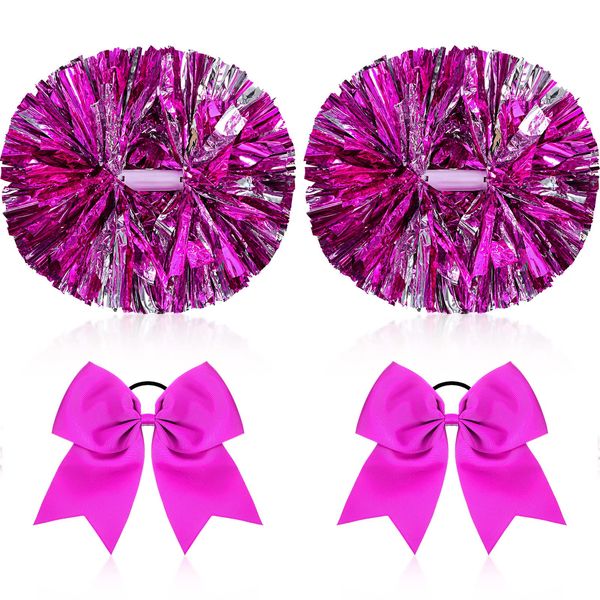 Canlierr 2 Pack 14 Inch Metallic Cheerleading Pom Poms with 2 PCS Cheerleader Hair Bows for Kids Adults Team Spirit Cheering Football Baseball Softball Dance(Rose Red)