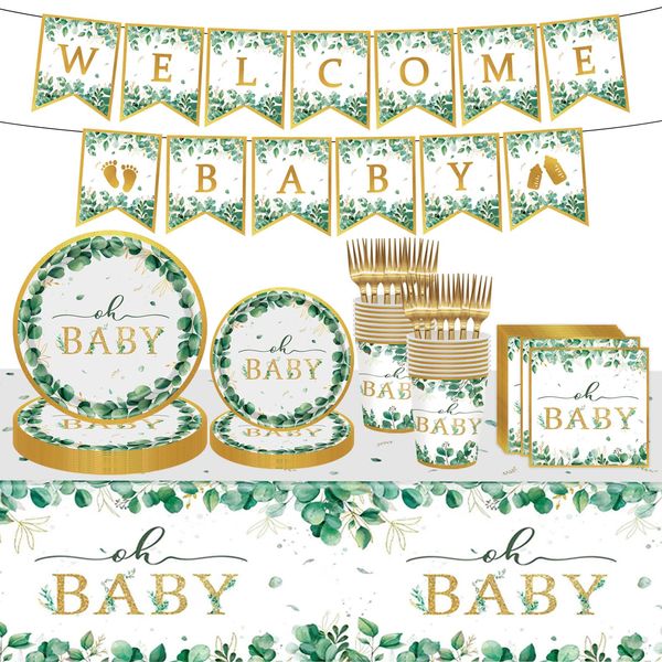 Poqirzan 102PCS Baby Shower Party Supplies for 20 Guests Sage Greenery Tableware Set Baby Shower Paper Plates Napkins Forks Cups Tablecloth Banner Jungle Party Supplies Baby Shower Party Decorations