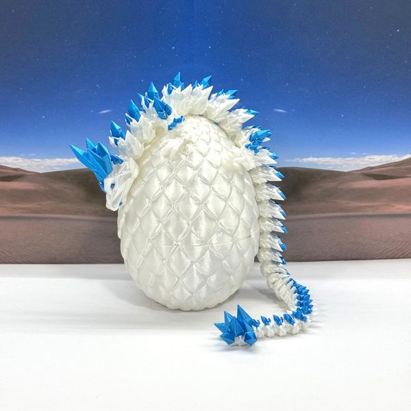 3D Printed Crystal Dragon with Dragon Egg, Full Articulated Dragon, White and Blue Crystal Dragon, Executive Desk Toy, Fidget Toys for Autism/ADHD D062WB