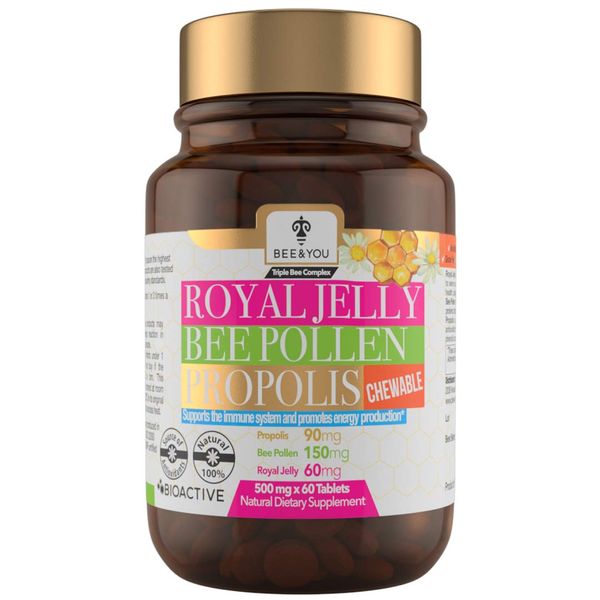 BEE and You Royal Jelly + Propolis + Bee Pollen Chewable Tablets - High Potency - No Artificial Flavor - No Preservatives - No Added Sugar- No Soy/Milk/Gelatin/GMO – Gluten Free, 500 mg x 60 Tablets