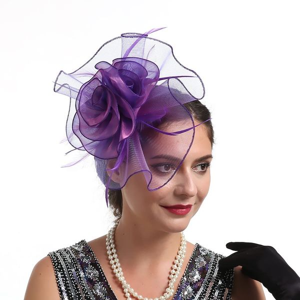 Women Fascinators Hat Organza Flower Feather Fascinators Wedding Fascinators Tea Party Hat Flapper Pillbox Fascinator Hat Derby Ascot Hat with Headband Hairclips Headdress Headpieces Purple