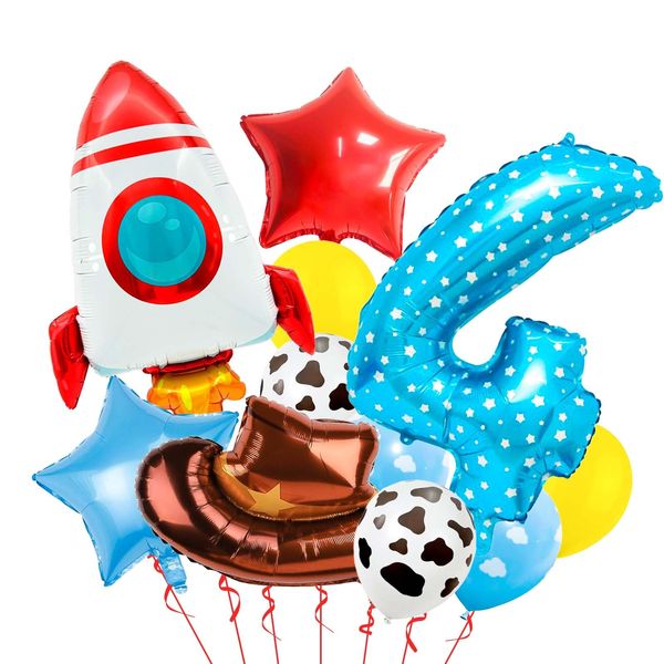 Toy Themed Number 4 Balloons, Happy Birthday Balloon, Colorful Balloons with Rocket Balloon and Cowboy Hat Balloon, Rainbow Balloons for Kids Birthday Party (4)