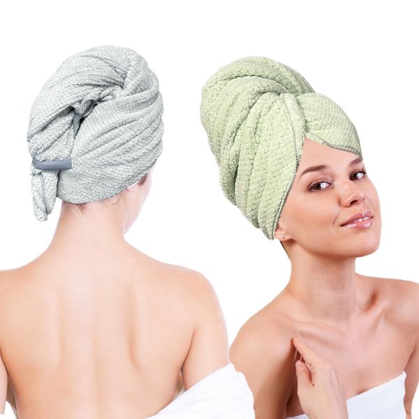 Simnice 2 Pack Extra Microfiber Hair Towel Wrap for Women,47 X24 inch Super Soft Anti Frizz Hair Wrap Towels with Elastic Band Grey & Green