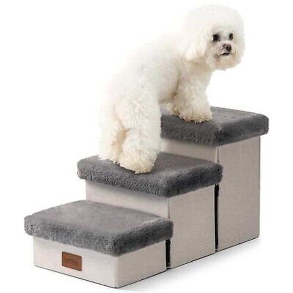 Dog Stair for Small Dogs with Storage, 13.6" H Foldable Pet Step with Soft Le...