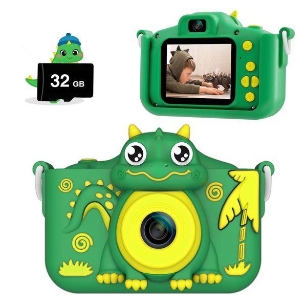 MYLORFUL Kids Camera, Cartoon Dinosaur Selfie Digital Camera Toys for Kids, Christmas Birthday Gifts for Boys Girls Age 3 4 5 6 7 8 9 10 11 12 Years Old, 32GB SD Card Included