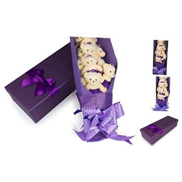 Deluxe Christmas Teddy Bear Bouquet in Gift Box - One Dozen Long Stemmed Purple