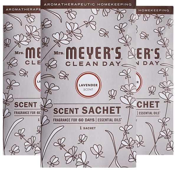 MRS. MEYER'S CLEAN DAY Air Freshener Sachets, Fragrance for your Locker, Car, Closet, and Gym Bag, Lavender, Pack of 3