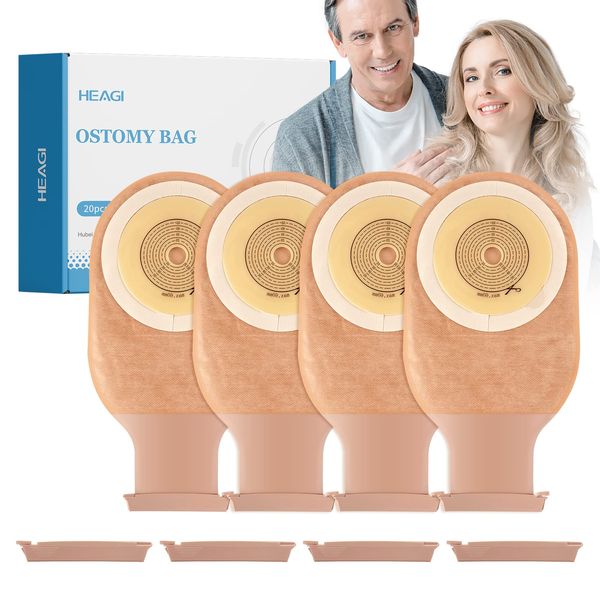 Heagimed 20pcs Colostomy Bags , 60mm Anti-leak Drainable Stoma Bags with 8 Clamps, One-piece Ostomy Supplies for Ileostomy Stoma Care, Cut-to-Fit (15-60mm)