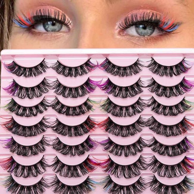 Uranian False Eyelashes with Color Fluffy Faux Mink Colored Lashes D Curl Strip Long Eye Lashes 14 Pairs Dramatic Lashes Volume Fake Eyelashes for Women and Girls