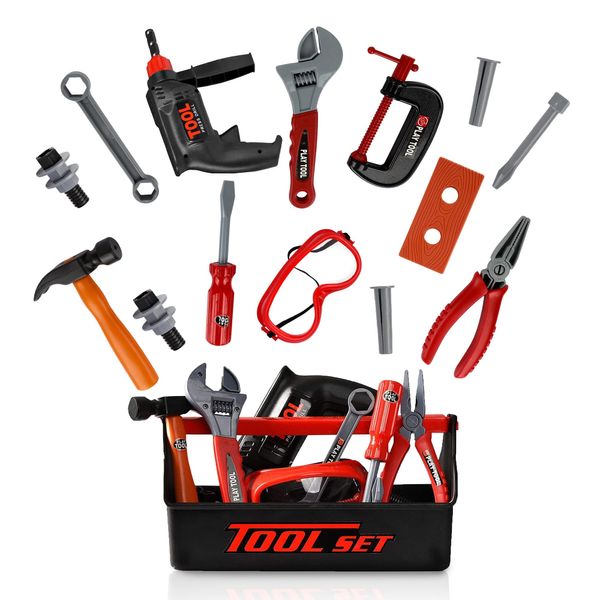 Playkidz Tool Box for Kids 22-Piece Boys & Girls Construction Toy Playset w/Carry Chest, Working Push Button Power Drill, Hammer, Screwdriver, Wrench, Pliers, Saw & Other Realistic Tools Ages 3+