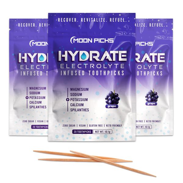 moon picks Hydrate Electrolyte Convenient Single-Serving Infused Flavored toothpicks - 3 Packs of 20 Picks - Grape