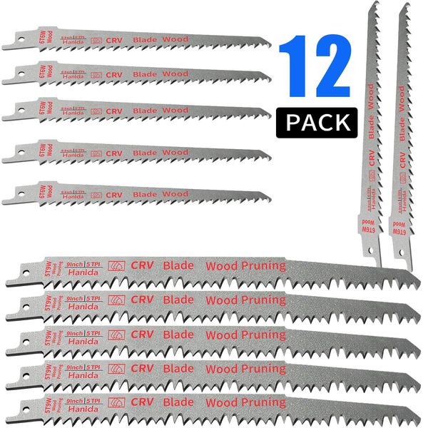 Hanida 9-Inch 5-Pack and 6-Inch 7-Pack Wood Pruning Saw Blades for Reciprocating/Sawzall Saws - 12 Pack