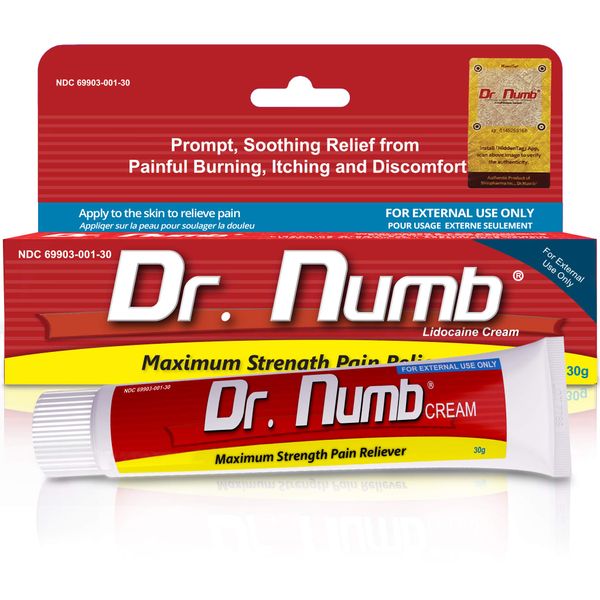 Dr. Numb 5% Lidocaine Numbing Cream 30g 1 Pack - Maximum Strength Tattoo Numbing Cream - Nonprescription Topical Anesthetic Pain Relief Cream for Tattooing, Piercing, Microneedling, Hemorrhoid