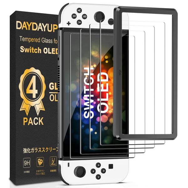 daydayup [4 Pack Tempered Glass Screen Protector Compatible with Nintendo Switch OLED Model 2021 - with [Alignment Frame] Transparent HD Clear Screen Protector for Nintendo Switch OLED