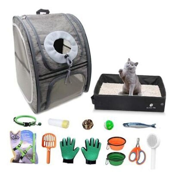 Pet Cat Backpack Carrier Airline Approved & Portable Cat Litter Box, Fit Grey