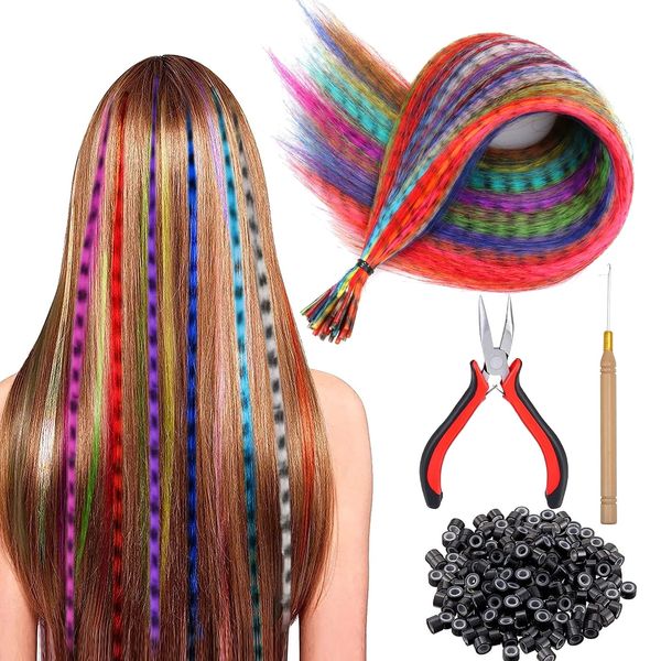 50 Stück Bunte Feder Haarverlängerungs Set, Haarsträhnen Zum Einflechten Feder, 40 Cm Haarsträhnen Zum Einflechten, Mit 1 Zange, 1 Häkelnadel und 100 Perlen, Bunte Federn Haare für Mädchen und Kinder