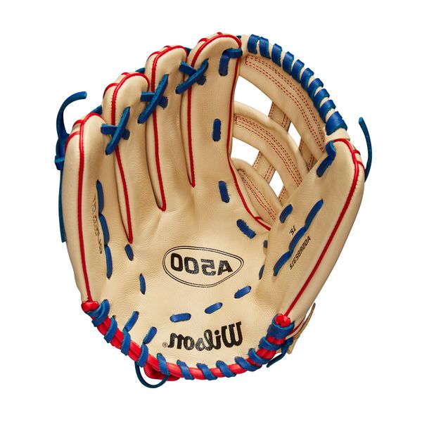 WILSON A500 12” Utility Youth Baseball Glove - Right Hand Throw, Blonde/Red/Royal