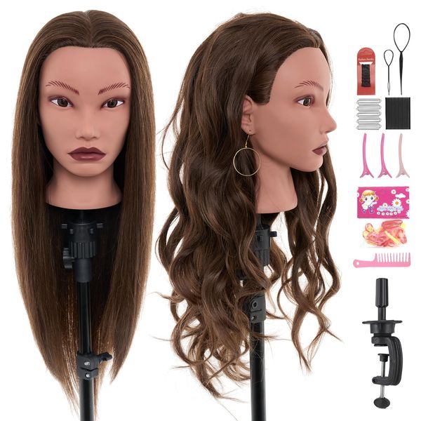 20" Mannequin Head Human Hair,100% Real Hair Mannequin Head,Cosmetology Mannequin Doll Head for Hair Styling Practice Braiding with Table Clamp&Braiding Set