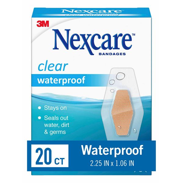 Nexcare Waterproof Bandages, Stays on in the Pool, Holds for 12 Hours, Clear Bandages for Fingers and Elbows - 20 Pack Waterproof Bandages