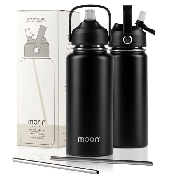 Moon Bottles - Insulated Water Bottle with Straw - Stainless Steel Sports Drink Bottle, Thermal Flask, 24hr Cold, 12hr Hot, Double Walled, Metal Straw, Silicon Spout, UK Company (1L, Black)