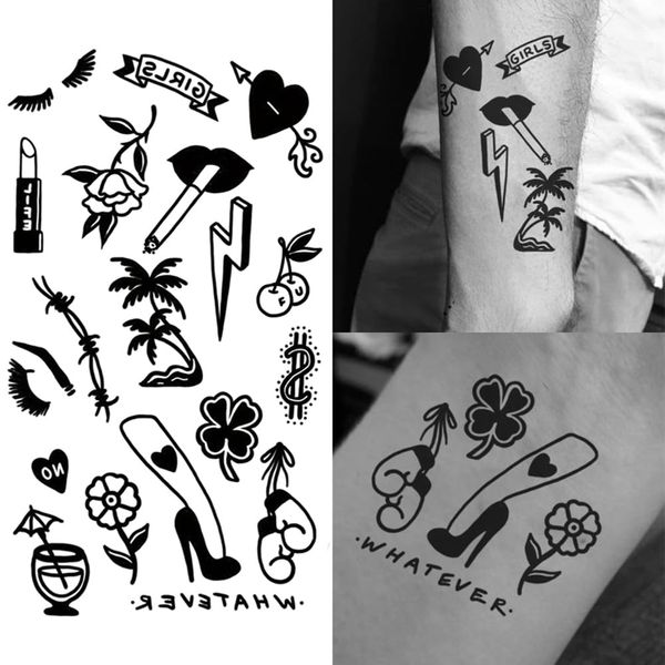 Oottati 2 Sheets Small Tiny Temporary Tattoo Stickers Black OldSchool Thunder Heart Arrow Tree Lipstick smoke high heels money