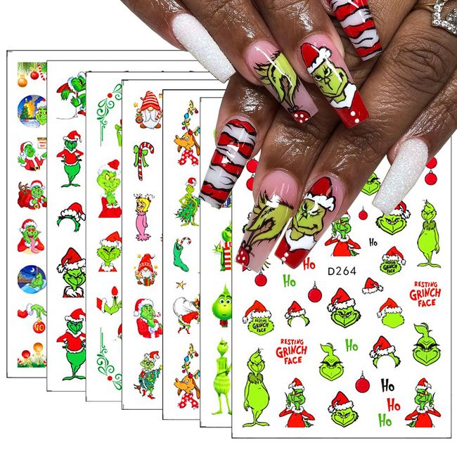 12Sheets Christmas Nail Art Stickers Green Fun Cartoon Santa Claus Designs Nail Decals Xmas Tree 3D Self-Adhesive Winter Holiday Nail Decoration Xmas DIY Manicure Accessories Supplies for Women Kids