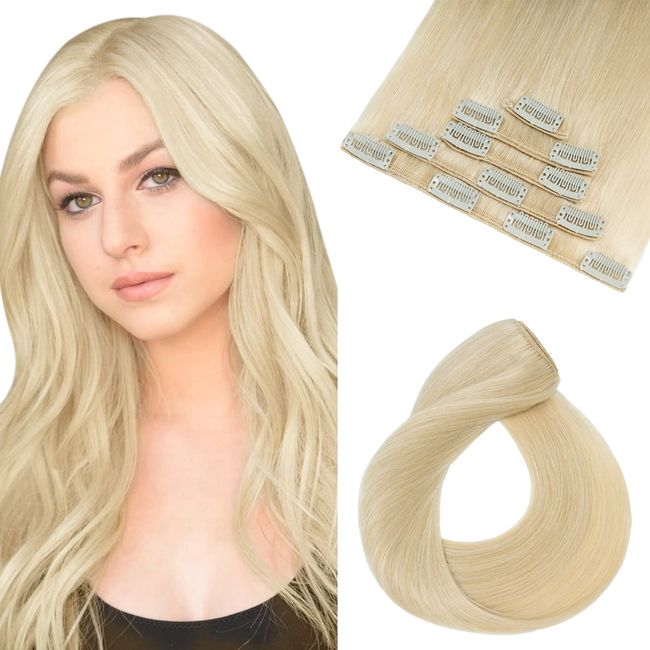 Elailite Clip in Extensions Echthaar - 5 PCS Haarverlängerung Echthaar Clip - 12 Clips Haarteile Echthaar Clips Remy - glatt - 20"(50cm 70g) #613 Gebleichtes Blond