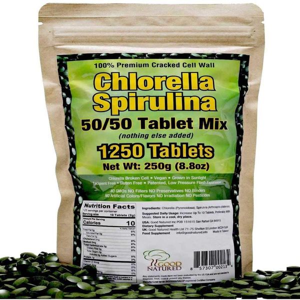 US Direct Buy Premium Chlorella Spirulina 1250 TabLETS (4 Months Supply) Non-GMO Vegetarian Dark Green Cracked Wall Alkalized Iron and Zinc High Protein Good Nature By, Quantity, See Details