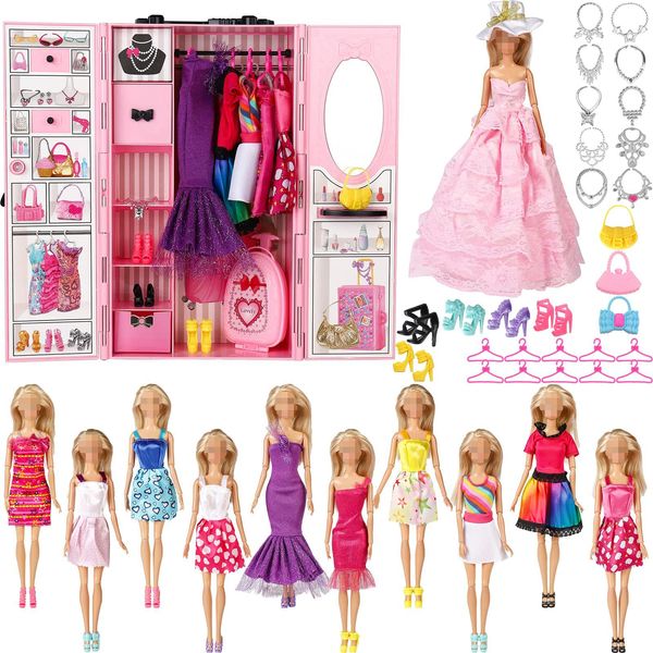 SOTOGO 11.5 Inch Girl Doll Closet Wardrobe with Doll Clothes and Accessories Include 11 Sets Doll Outfits Fashion Dresses Tops and Pants Party Gowns Wedding Dress and Wardrobe Other Accessories