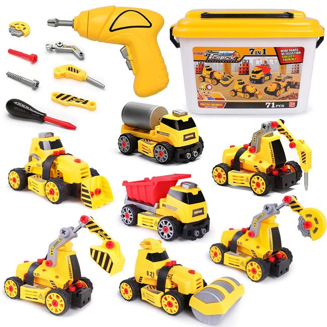 FLY2SKY Toys for 3 4 5 6 7 8 Year Old Boys 7 in 1 Take Apart Toys with Electric Drill Take Apart Truck Toys Construction Set DIY Engineering Building Toy Push & Go STEM Toy Gift for Boys Toys Age 3-8