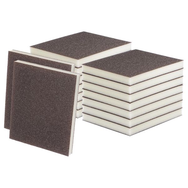 sourcing map 16pcs Medium Grit Sanding Sponge Blocks 180-240 Grit Foam Sanding Block Pad for Polishing Kitchen Metal Wood Drywall, 120x100x12mm, Brown