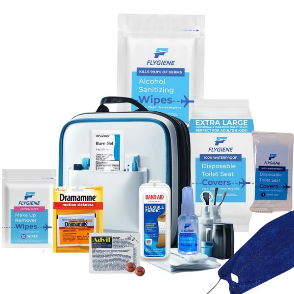 Flygiene Travel Essentials Kit, 22 Pieces. Dramamine, Advil, Band Aid, Toilet Seat Covers, Sanitizing Wipes