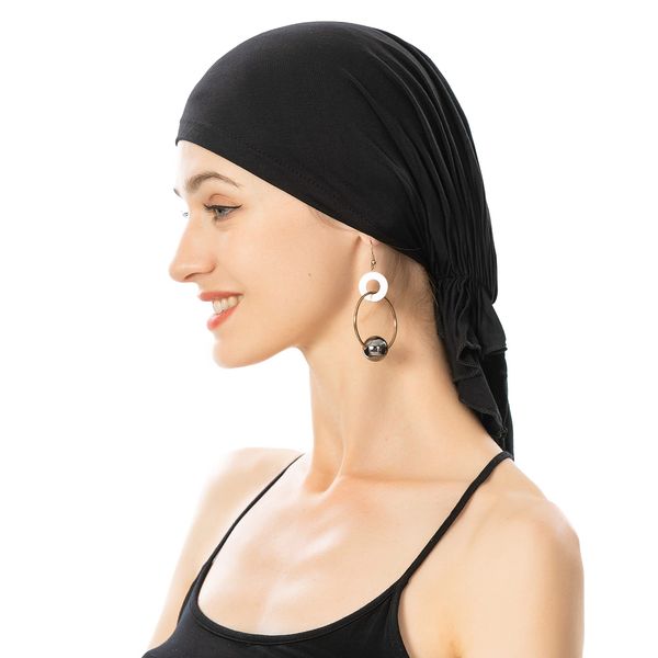 ZLYC Damen Chemo Turban Mütze Vorgebundenes Kopftuch Headwraps Leichte Beanie Hut(Einfaches Schwarz)